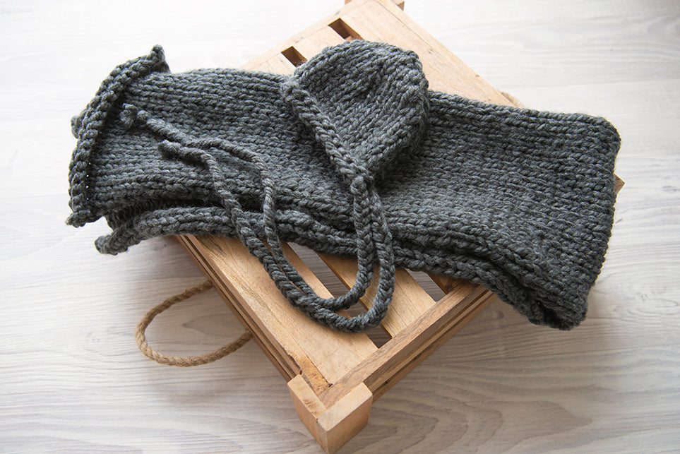 Dark Grey Knitted Bonnet and Wrap